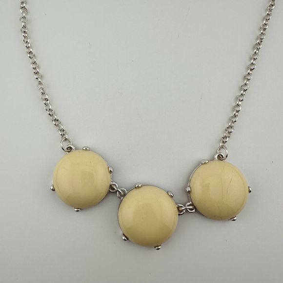 Silver Tone Chain 3 Three Round Beige Off-White Plastic Stones Necklace 23.5" - Picture 7 of 9